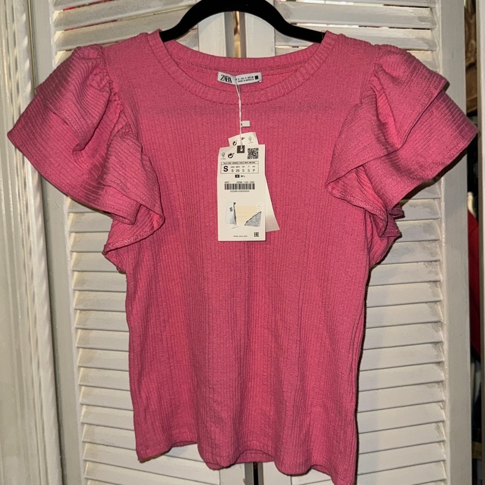 Zara Pink Ruffle Sleeve Cropped Top - Picture 2 of 5